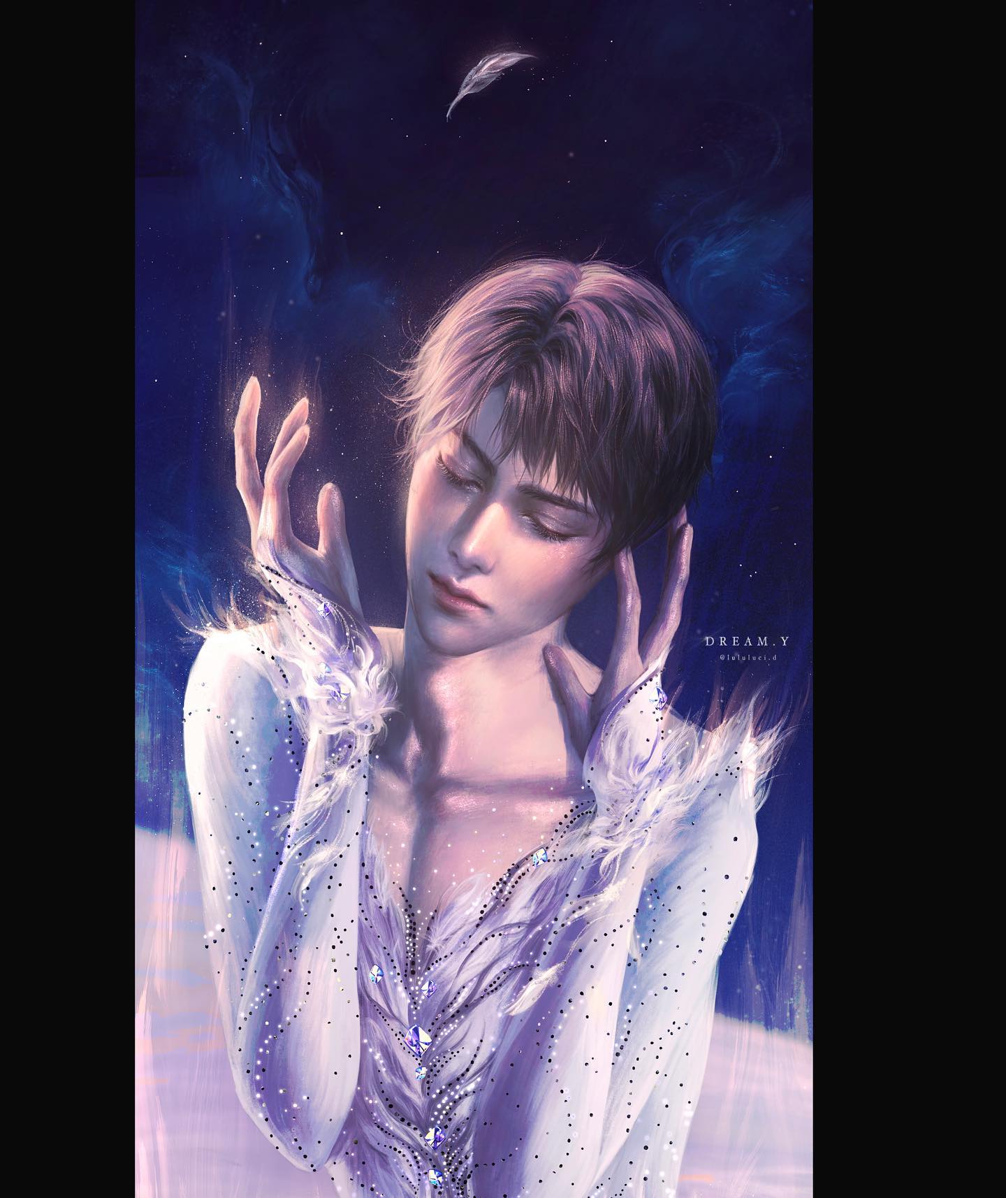 a digital illustration of yuzuru hanyu, a japanese figure skater, depicted in a graceful pose against a starry night sky. he wears a white, jewelencrusted costume and extends his hands as if reaching for a falling feather. the overall aesthetic is dreamy and ethereal.