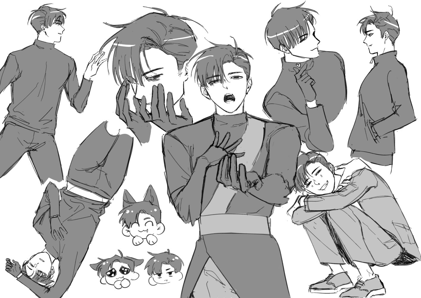a black and white sketch of a young anime boy with different poses and expressions. it shows a diverse range of styles and facial features, each with its unique charm. the drawing captures the character's personality and energy through subtle details and dynamic poses.