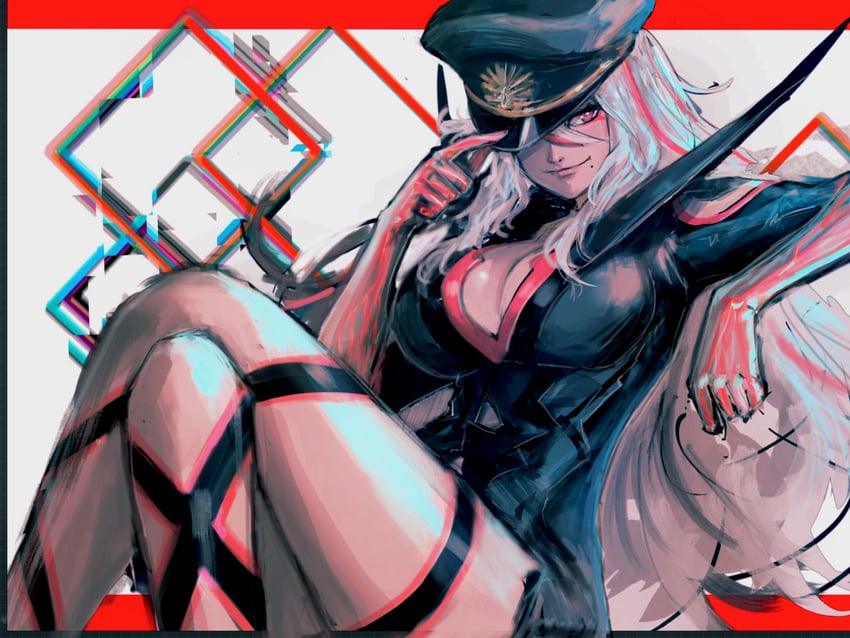 this is a digital illustration of an anime girl. she has long white hair, and she is wearing a black outfit with a red collar and a black hat. she is sitting with her legs crossed, and her right hand is resting on her left leg. she is looking directly at the viewer. the background is abstract and colorful, with geometric shapes and lines. the overall style of the illustration is bright and colorful.