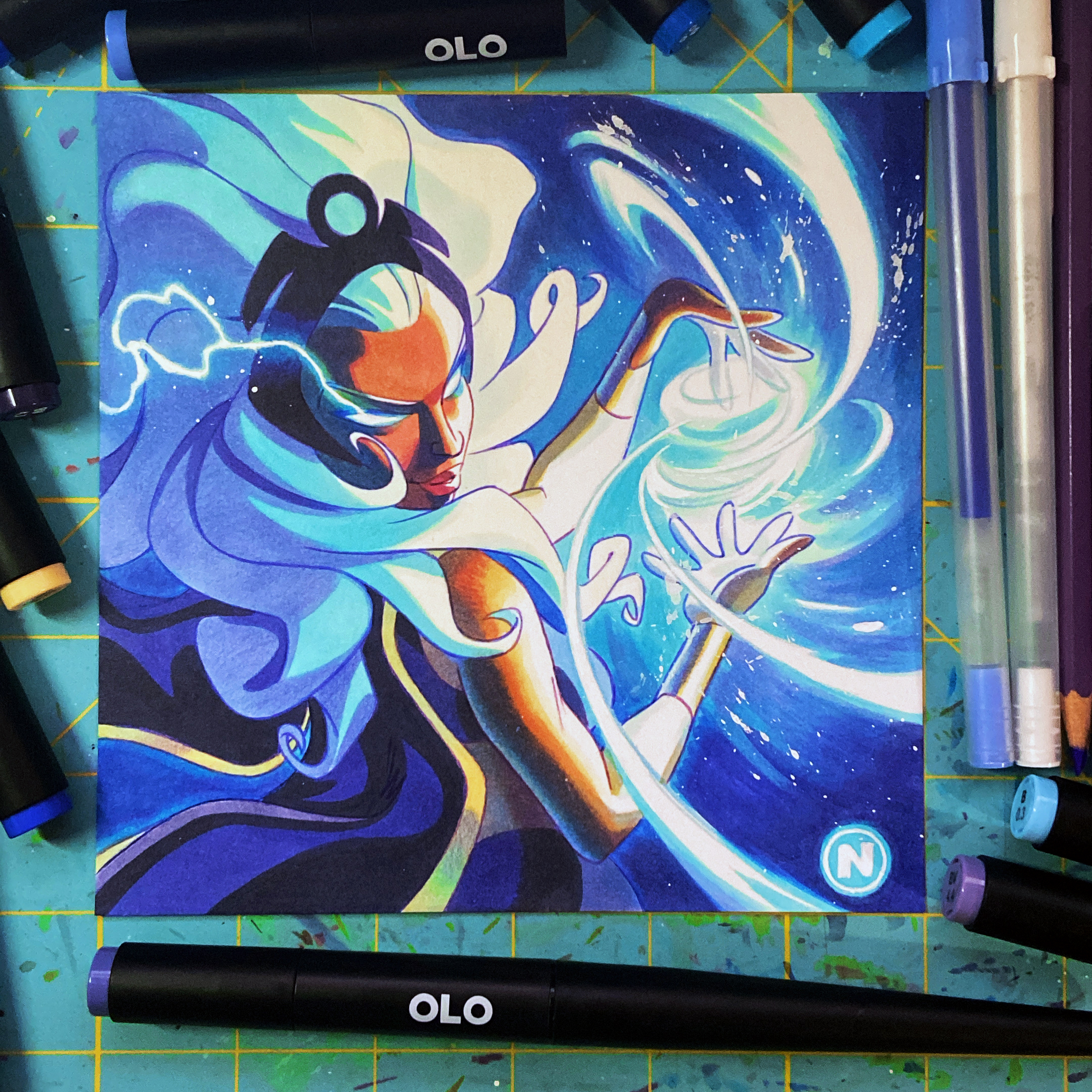 a closeup shot of a detailed drawing of storm, a powerful female superhero from marvel comics,  she is portrayed with flowing white and blue hair, her hands outstretched as she manipulates a swirling vortex of wind, creating a dynamic and energetic composition. the illustration captures her signature style, emphasizing her control over weather elements and highlighting her strength and power. the use of bold colors and intricate lines adds to the overall impact and dynamism of the artwork.