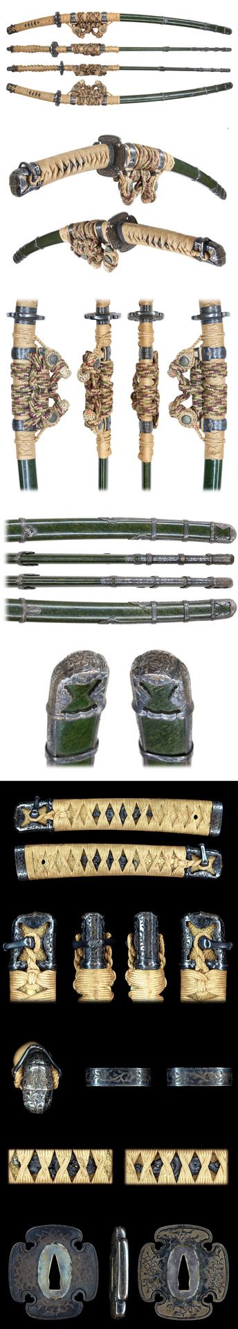 the image shows a collection of components and a fully assembled japanese katana. it includes multiple views of the sword, the hilt (tsuka) with its wrapping, the scabbard (saya), the handguard (tsuba), and various other fittings (kashira, fuchi, habaki). the components are detailed, showcasing the craftsmanship and ornamentation of each part of the sword.
