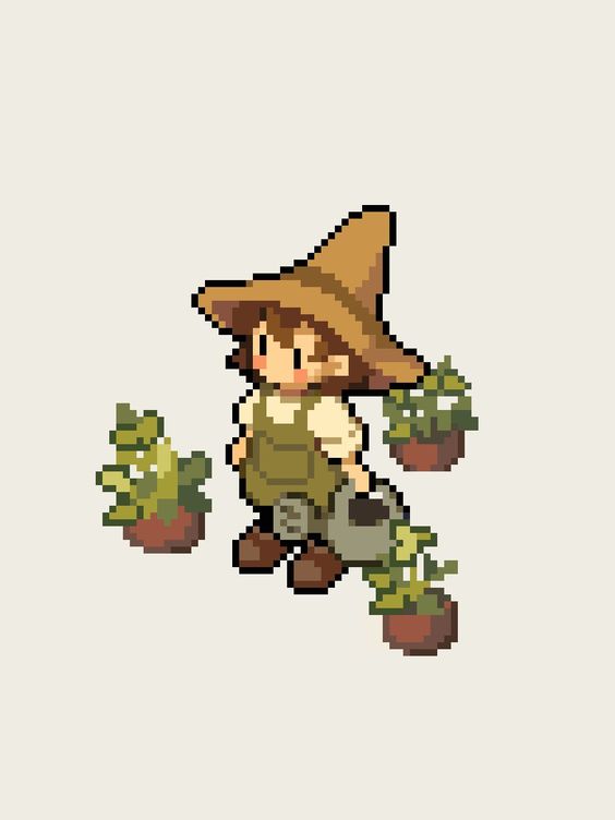 a pixel art image of a young person wearing a brown hat and overalls, holding a watering can and tending to three potted plants.