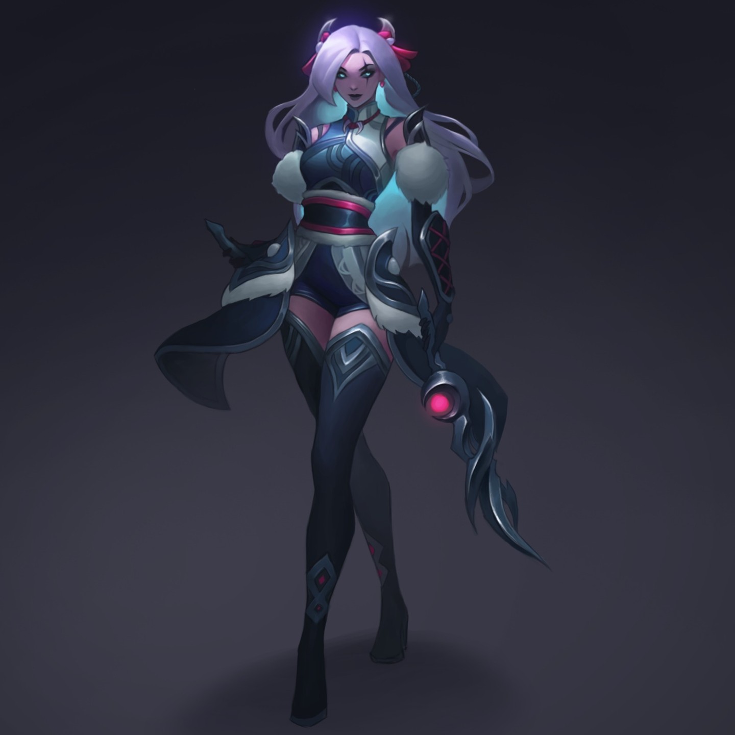 the image is a digital illustration of a female fantasy character.  she appears to be a warrior or sorceress, possessing a slender yet powerful physique.  she has long, flowing light blue/white hair and small horns on her head. her clothing is a mix of dark blues, blacks, and purples, with ornate detailing and fur trim. she carries a stafflike weapon with a glowing pink orb. the character has a confident and perhaps slightly mysterious expression. the background is a simple, dark grey, which helps to highlight the details of the character's design. the overall style of the artwork is reminiscent of anime or game character art.