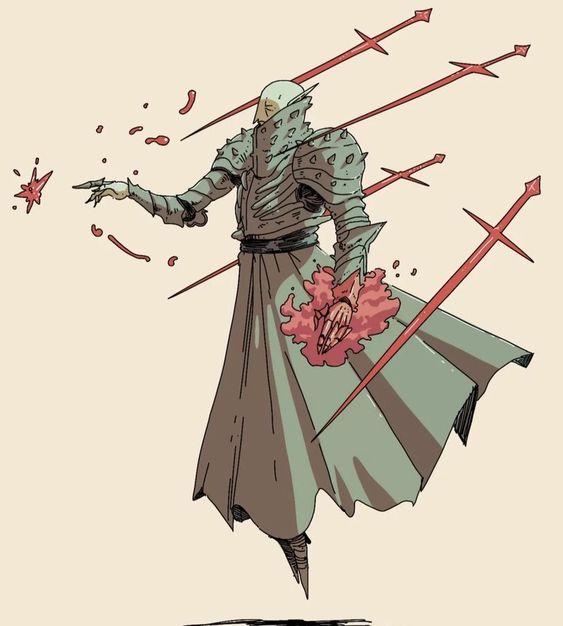 the illustration depicts a levitating warrior adorned in intricate, spiky armor and a flowing robe. the warrior's face is obscured by a smooth, featureless helmet. he wields multiple swords that appear to orbit around him. one hand is outstretched, emanating a burst of vibrant pink energy, while the other clutches a swirling mass of similar energy. the overall aesthetic leans towards a dark fantasy style, with muted colors and sharp details.