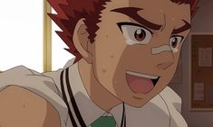 this is a closeup shot of an anime character with spiky red hair. the character is sweating and crying with his mouth wide open in an expression of shock, excitement, or surprise.  he is wearing a white shirt with black trim and a green tie. the setting appears to be a classroom with yellow walls and a bulletin board visible in the background.