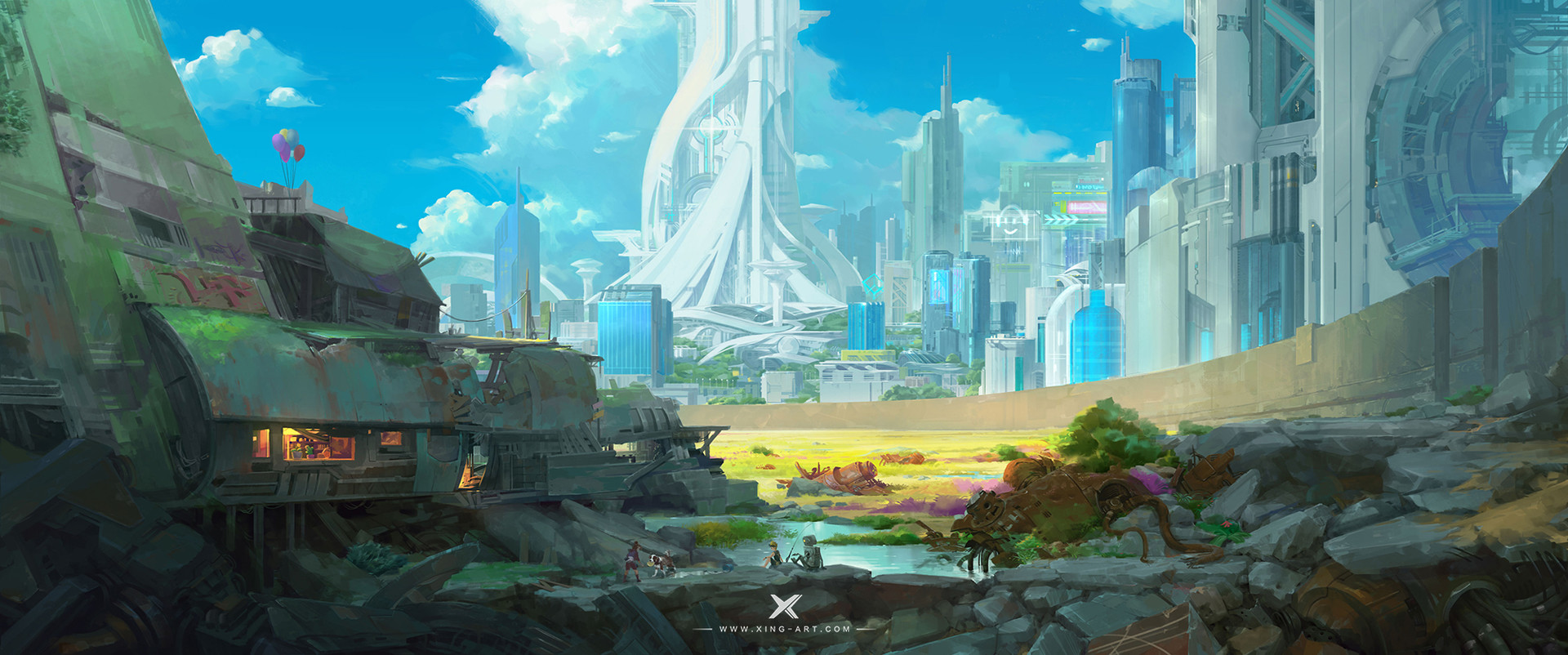 the image is a digital painting depicting a striking contrast between a futuristic, gleaming city and a decaying, overgrown ruin.  a large, white, technologically advanced structure dominates the cityscape in the background, its clean lines contrasting sharply with the weathered, crumbling buildings in the foreground.  these ruins are overgrown with vegetation, implying a passage of time and the encroachment of nature.  a group of small figures (possibly children) are visible near the ruins, playing and seemingly oblivious to the stark juxtaposition.  a yellow field separates the futuristic city from the ruins, reinforcing the contrast. the overall style is a blend of cyberpunk and fantasy, with vibrant colors and a sense of environmental storytelling. the artwork shows a clear divide between a technologically advanced society and a neglected, abandoned section, highlighting themes of inequality or societal breakdown.