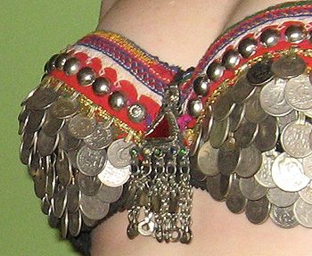 a closeup image of a belly dance bra with coin embellishments. the bra is made of black fabric and has a red, white, and green embroidered band around the top. the coin embellishments are silver and are attached to the bra with chains. there is a tassel hanging from the bottom of the bra.