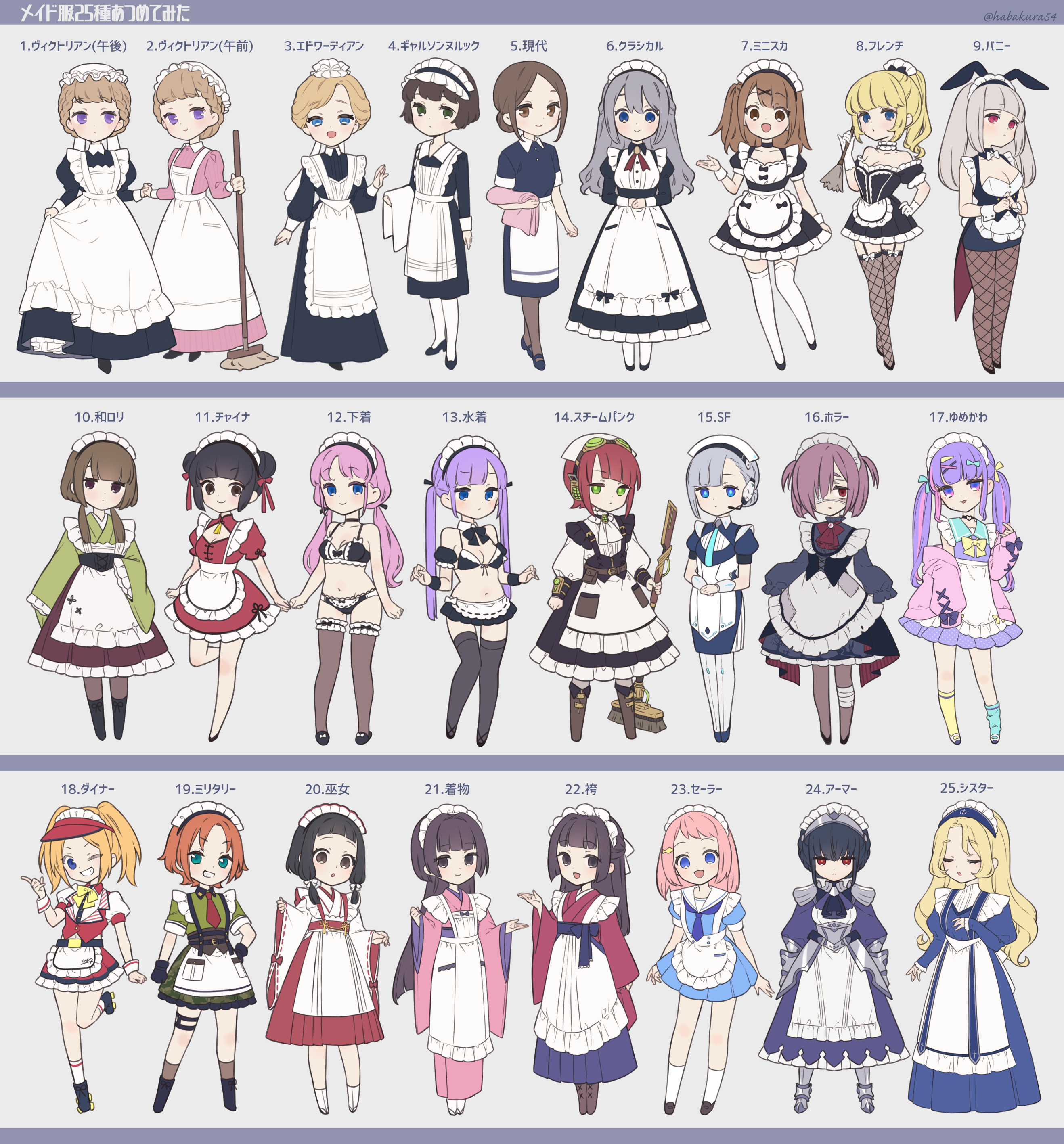 the image shows 25 different illustrations of a young anime girl dressed in various maid outfits. the artist explores different styles and themes for the maid uniform, from classic victorian and french designs to more modern interpretations like steampunk and scifi. each outfit showcases unique details and accessories, offering a diverse exploration of the maid aesthetic.  the presentation is clean and organized, ideal for showcasing character design concepts.