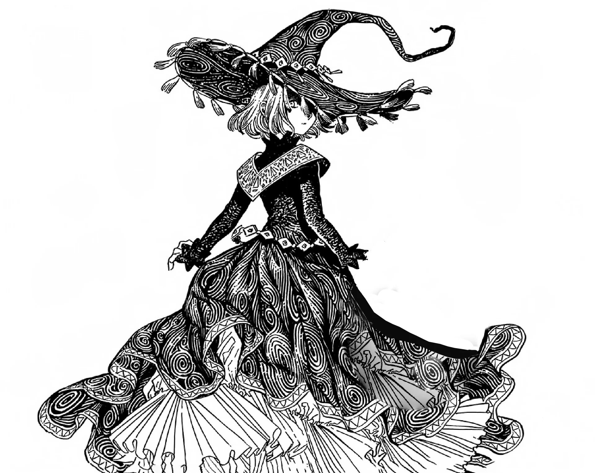 a young woman in a witch costume is standing and looking over her shoulder. the costume is in black and white, and the drawing has a comic book style.