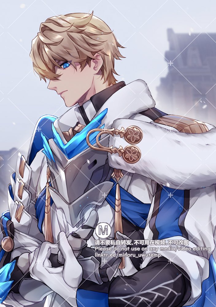 the image depicts a young anime boy with white hair and blue eyes. he is wearing a white and blue outfit with armor and a sword. the background is a blur of white and blue. the image is a digital illustration. the boy has a serious expression on his face.