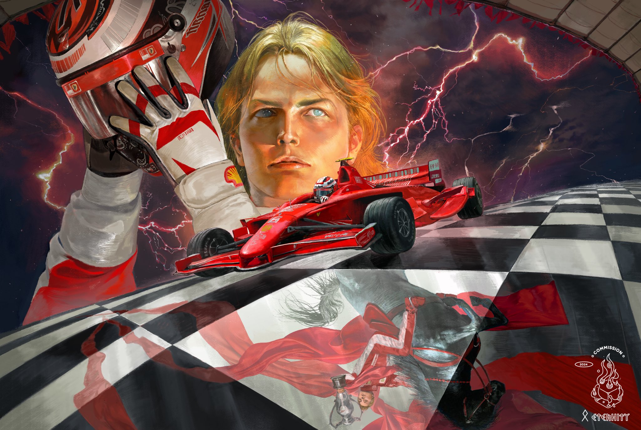 the artwork is a vibrant and dynamic digital painting or illustration that blends elements of formula 1 racing with fantasy and surrealism.  a central figure, a young man with blond hair, is depicted as a formula 1 driver, holding his helmet and partially visible within a speeding red ferrari. the background features a dramatic, stormy sky with intense lightning bolts, adding to the sense of excitement and speed.  the racing car is positioned over a checkered flag finish line, indicating a race conclusion.  superimposed, partially transparent, and reflected on the checkered finish line is what appears to be a knight on horseback, suggesting a clash between historical and modern contexts. the overall style is expressive and highly detailed, with rich color contrast and a blend of photorealistic and painterly techniques. the piece is signed with the artist’s name and a logo, implying a commissioned work.