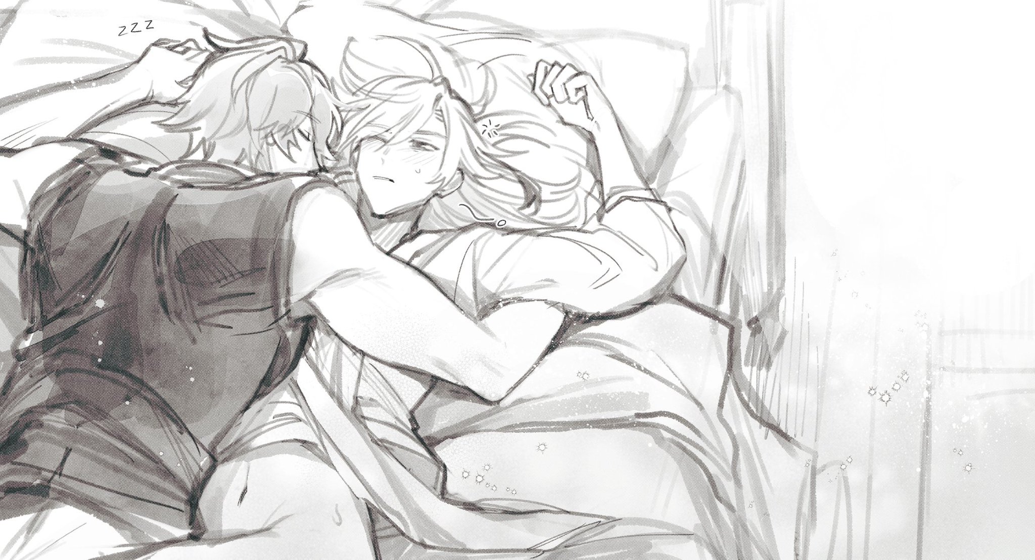 a black and white drawing of a couple cuddling