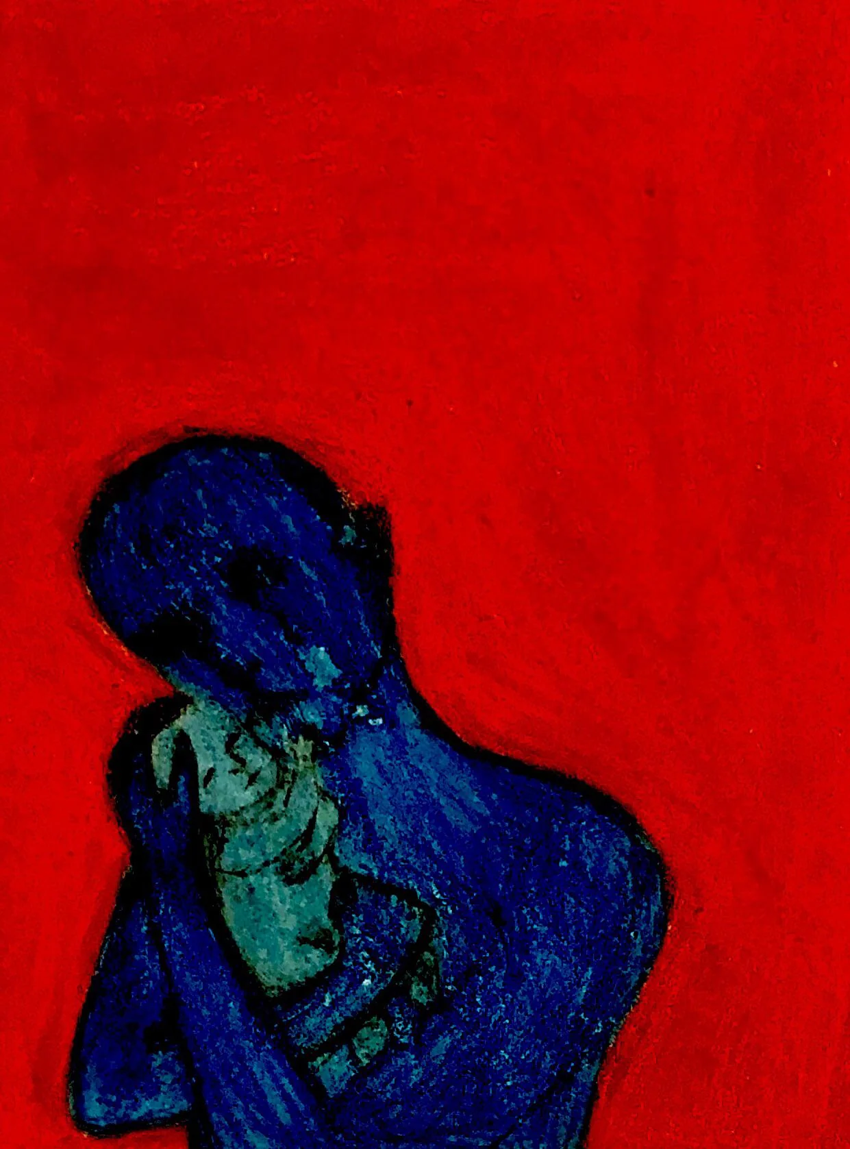 the image is an abstract painting featuring a predominantly blue figure set against a vibrant red background. the figure appears to be hunched over, possibly holding or embracing something small and indistinct. the style is expressive and emotional, with visible texture in the paint application. the color contrast between the cool blue and the warm red enhances the overall sense of intensity and possibly reflects a feeling of sadness or isolation. the lack of clear detail contributes to the ambiguity and allows for a more personal interpretation of the artwork's meaning. the overall tone is somber and evocative, leaving the viewer to ponder the underlying emotion conveyed.