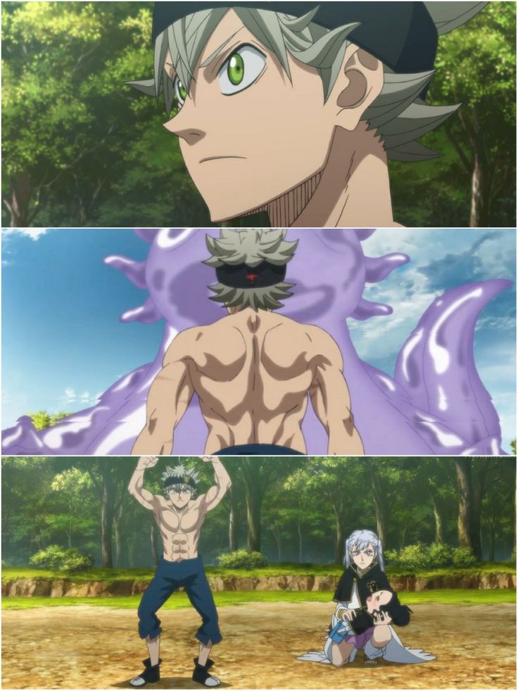 the image shows three panels from the anime "black clover." in the top panel, asta is seen with a determined expression, looking towards the right. in the middle panel, asta is using his antimagic powers to break through a purple magical barrier. in the bottom panel, asta stands shirtless and ready to fight, while yuno sits on the ground with a young girl in his arms.