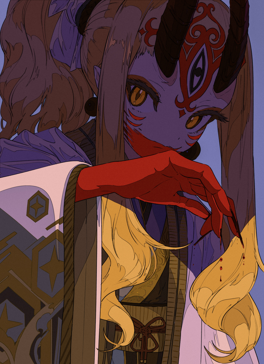 the image is a digital painting of an animestyle female character who appears to be an oni or demon. she has long blonde hair tied up in a ponytail, a purple face with red markings, and large yellow eyes. she is wearing a light purple kimonolike garment with gold accents, and long red gloves. her horns are black with red swirling patterns. her expression is subtle and mysterious.  there are small blood stains on her long hair, and her claws seem sharp and pointed. the background is a muted purple. the overall style is elegant and evocative, blending elements of japanese aesthetics and fantasy.