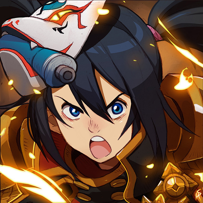 a digital artwork featuring hu tao from genshin impact. she is depicted in a closeup perspective with a fierce expression, her mouth open as if shouting. her signature white and red mask rests atop her head, and her dark hair is styled in twin tails. she wears an elaborate gold and red outfit, and fiery sparks and streaks of light surround her.