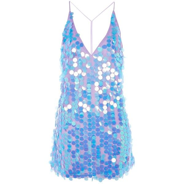 a purple sequined mini dress with a vneckline and thin straps. the sequins are iridescent and catch the light to create a shimmering effect.  the dress is perfect for a night out or a special occasion.