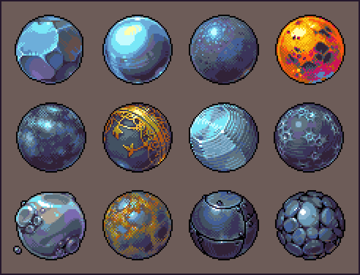 the image showcases twelve meticulously crafted pixel art spheres, each exhibiting a unique texture and color scheme.  these orbs range from rocky and metallic surfaces to icy and bubbly appearances, suggestive of celestial bodies or fantastical objects.  the diverse textures and color palettes – including shades of blue, purple, gold, and orange – suggest a variety of materials and atmospheric conditions. the consistent pixel art style and the arrangement in a grid suggest these are likely game assets, possibly intended for use in a video game or similar digital application.