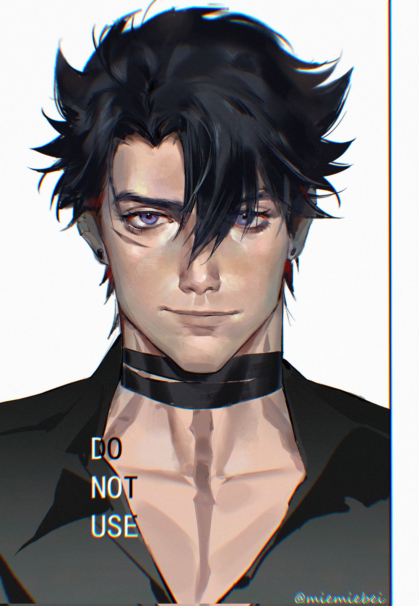 this is a digital art piece, portrait of a man. he is an anime character with black hair that covers most of his forehead and parted at the side. he is wearing a black choker, a black vneck shirt, and has purple eyes.