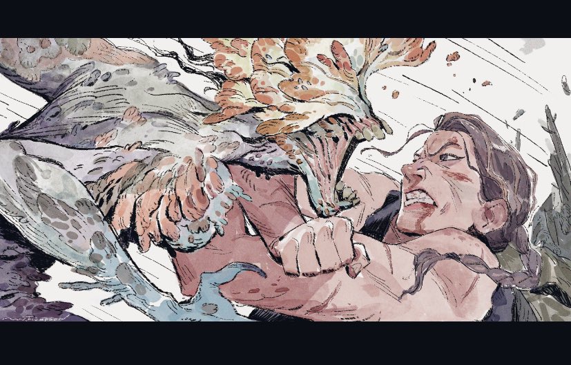 a woman in a fierce struggle with a monstrous creature. the creature is a blend of organic and plantlike, with a wide gaping mouth, sharp teeth, and a florallike appendage. the woman is depicted with gritted teeth, her face showing a mix of determination and fear. the image is rendered in watercolor, capturing the intensity of the moment with loose brushstrokes and dramatic color choices.