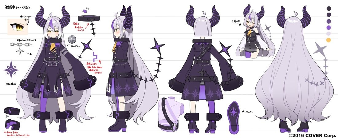 this image showcases the character design sheet for shirakami fubuki, a popular virtual youtuber affiliated with hololive production. the artwork features a front, side, and back view of the character, highlighting her outfit and key features. fubuki is presented in a black and purple outfit, embodying a demonlike aesthetic with horns, a tail, and starshaped accessories. her white hair and pale skin provide a stark contrast to the dark attire, further emphasizing her unique design. the image also includes detailed illustrations of her face, shoes, and other accessories.