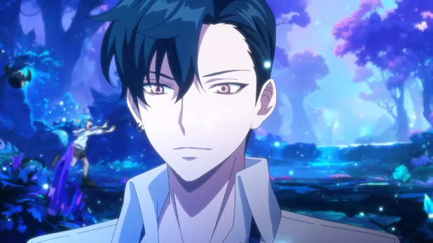 a young male anime character with black hair and blue eyes. he is wearing a white shirt and has a serious expression on his face. he is standing in a magical forest with a blue and purple background.