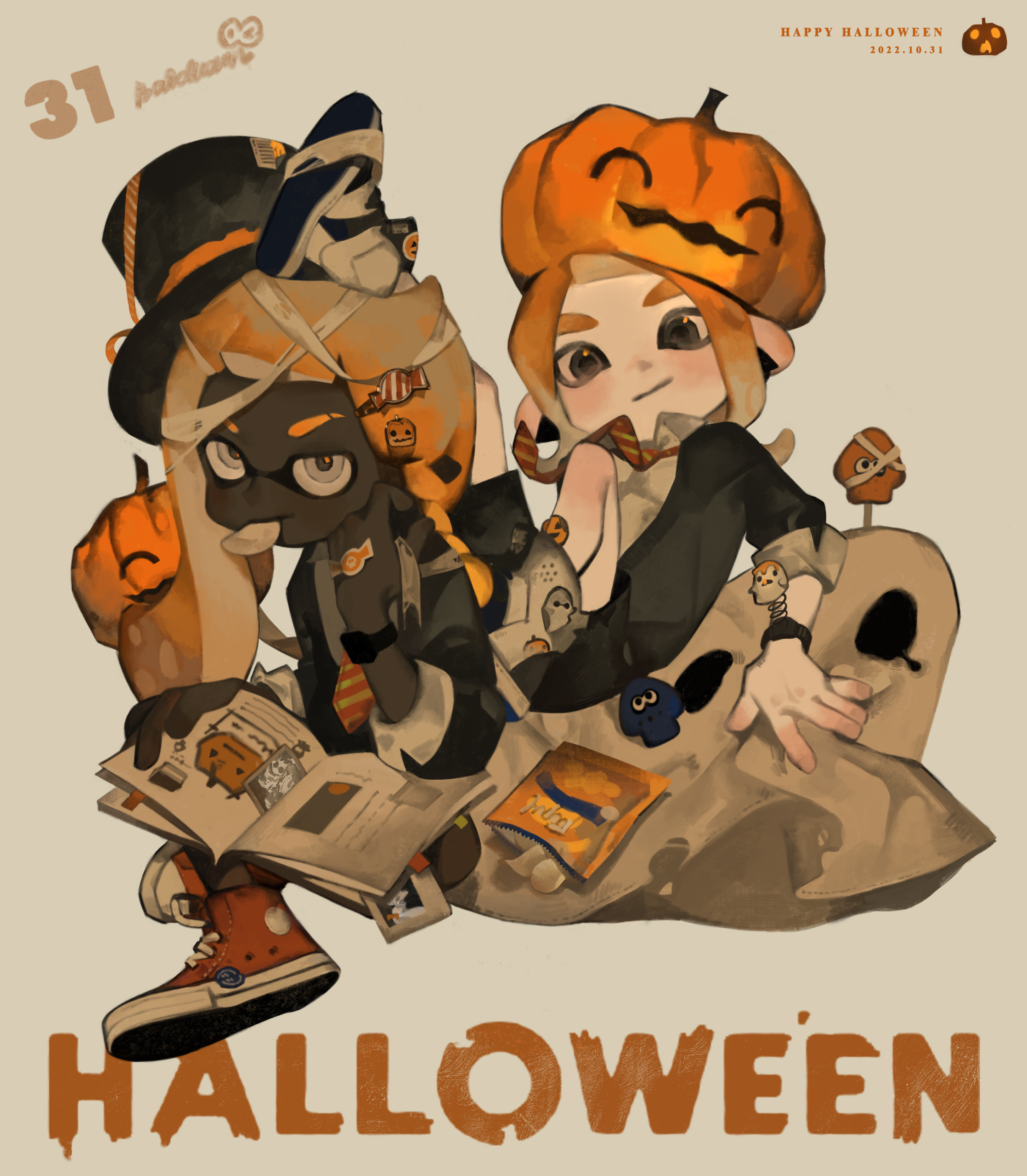 an illustration featuring a squid girl and an inkling girl, both dressed in halloween costumes. the squid girl is wearing a brown hat with a pumpkin and a black and orange jacket, while the inkling girl is wearing a pumpkin on her head and a black jacket. they are both sitting on a ghost and surrounded by pumpkins and candy corn. the text "halloween" is written below them. the illustration is done in a cute and cartoony style.  the background is light brown.