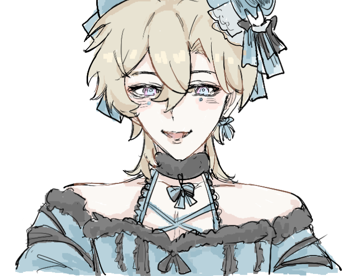 a digital drawing of a cute young female character with blonde hair, blue eyes, and a blue dress, smiling at the viewer.