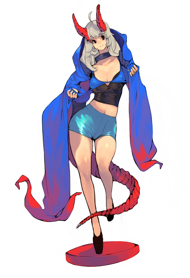 digital illustration features a demon girl with white hair, red horns, and a long, red tail. she strikes a playful pose, holding open her vibrant blue hooded cloak. she wears a black crop top and turquoise shorts. the background is pure white, focusing the attention on the character.