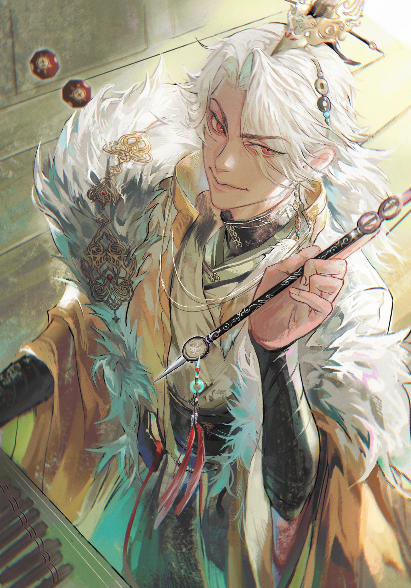 a digital art illustration of a young man with white hair, dressed in a golden ornate robe with a fur collar, holding a staff and smiling down with one eye closed. the background is blurry, but has light colors and shapes that give the image a dreamy feel.