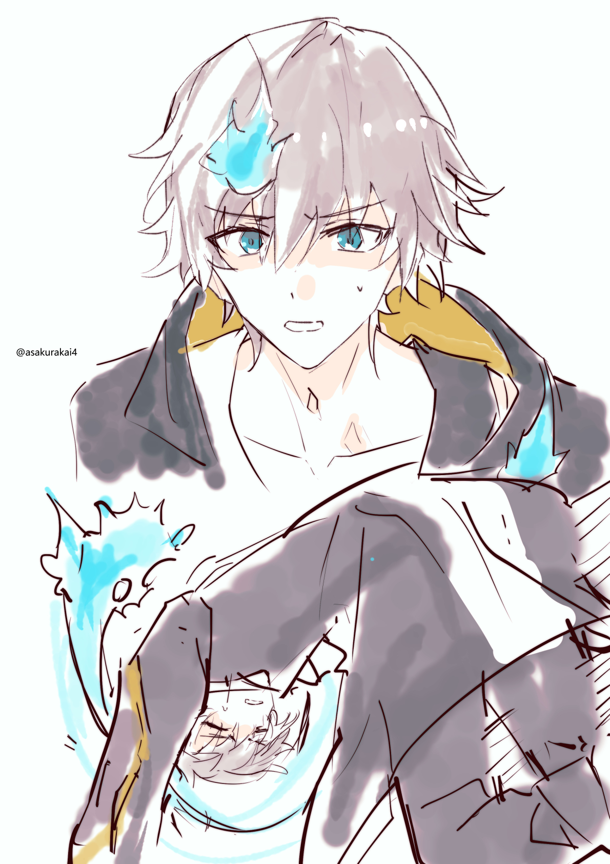 the image is a digital illustration of two anime boys. the boy in the foreground is shown in a worried expression, with his eyes wide open. he has dark hair and blue eyes. he is wearing a jacket with black and yellow color scheme and a light shirt underneath. the boy in the background appears to be unconscious with his eyes closed, his hair is also dark with a blue hue. he is laying on his back with his body slightly twisted, and his clothing appears to be black. both boys are surrounded by a blue light, the boy in the background is surrounded by a more intense blue light. the illustration is drawn in a sketchy, slightly rough style, and it conveys a sense of urgency and concern.