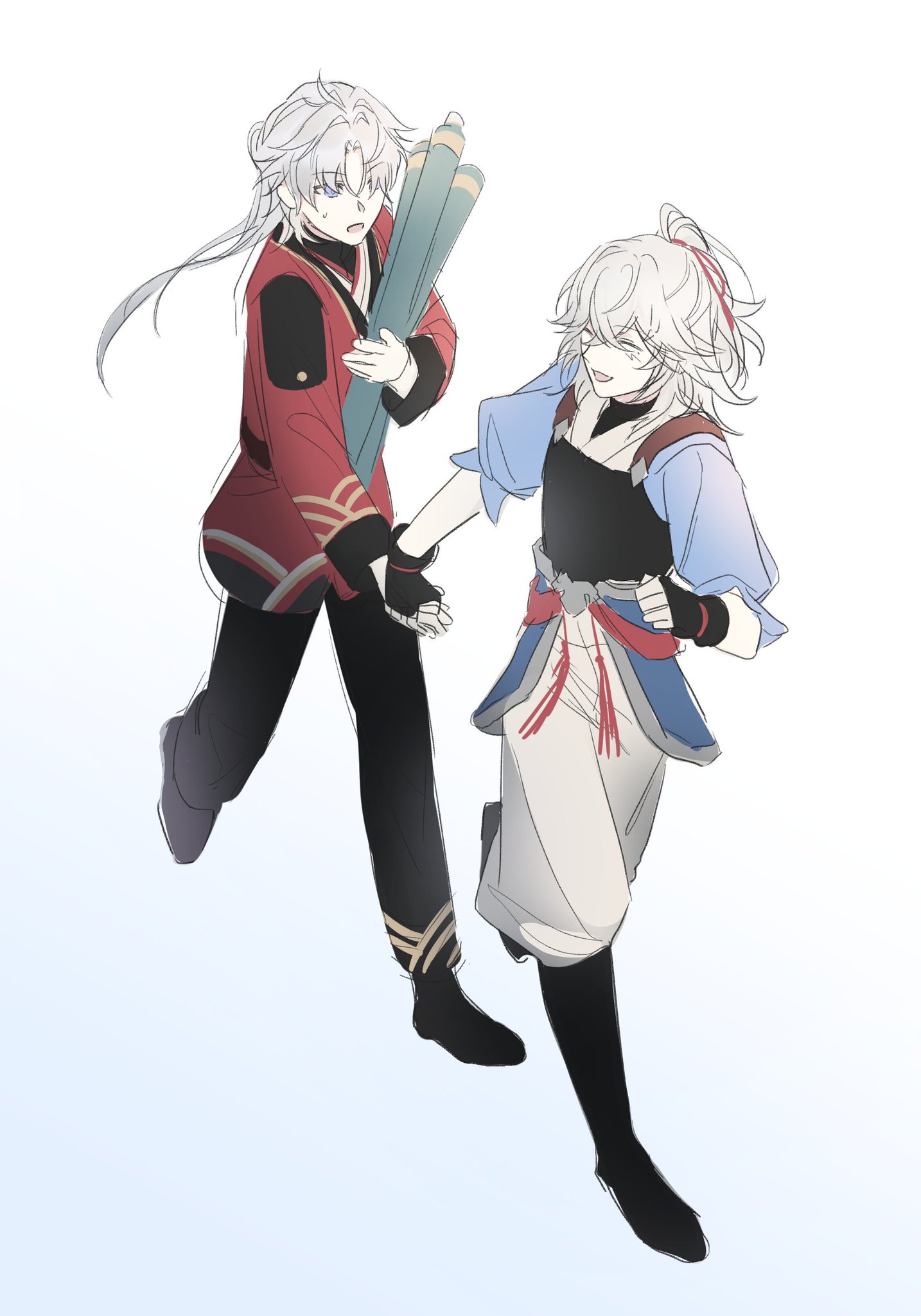 this is a digital illustration of two anime boys with white hair walking together. the boy on the left is wearing a red and black outfit and holding a bundle of sticks. the boy on the right is wearing a blue and white outfit. they are both smiling and holding hands. the background is a light blue sky.
