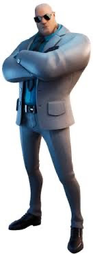 a man is standing with his arms crossed in front of him. he is wearing a gray suit jacket, a blue tie, and black shoes. he is also wearing sunglasses and is bald. the background is white.
