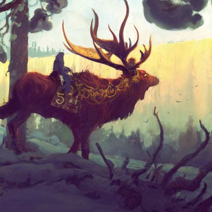 a digital painting depicts a large, reddishbrown elk or moose standing in a snowy forest. the animal has enormous, stylized antlers that are tinged with gold and are the focal point of the image. a rider, silhouetted in dark blue, sits atop the elk, wearing what appears to be a cloak or hood. the elk is equipped with an ornate saddle, adorned with golden designs, and a prominent "5" is visible on the saddle. in the background, a yellowtinted sky or wall stretches across the horizon, with a faint suggestion of a city or structure on top. the foreground is a mix of snow, fallen logs, and sparse trees, rendered in muted blues and browns. the overall style is reminiscent of fantasy art, with a stylized and somewhat surreal quality.