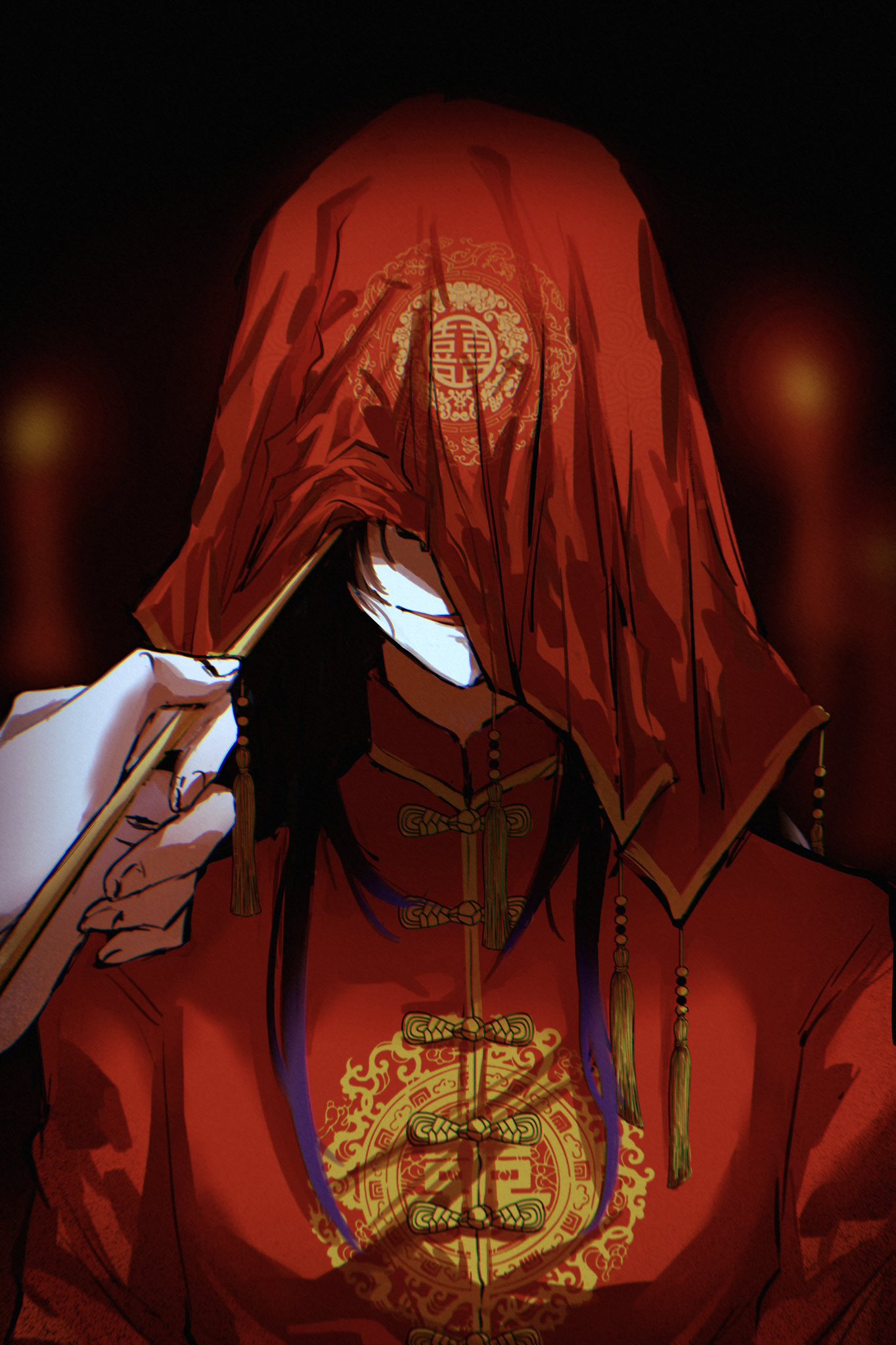 this digital art illustration depicts an anime woman in traditional chinese clothing, adorned with intricate gold designs. her face is concealed by a red veil, adding a sense of mystery and intrigue. the woman's attire is lavish and elegant, showcasing the rich cultural heritage of china. the deep red and gold color scheme creates a dramatic and visually striking image, hinting at a story of fantasy or mystique.