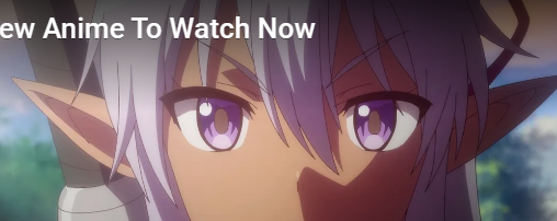 a closeup of an anime character's face with white hair, pointed ears, and purple eyes.  the character appears to be either an elf or a demon.  the text "new anime to watch now" is superimposed over the top of the image.  the background is a softfocused green and brown.