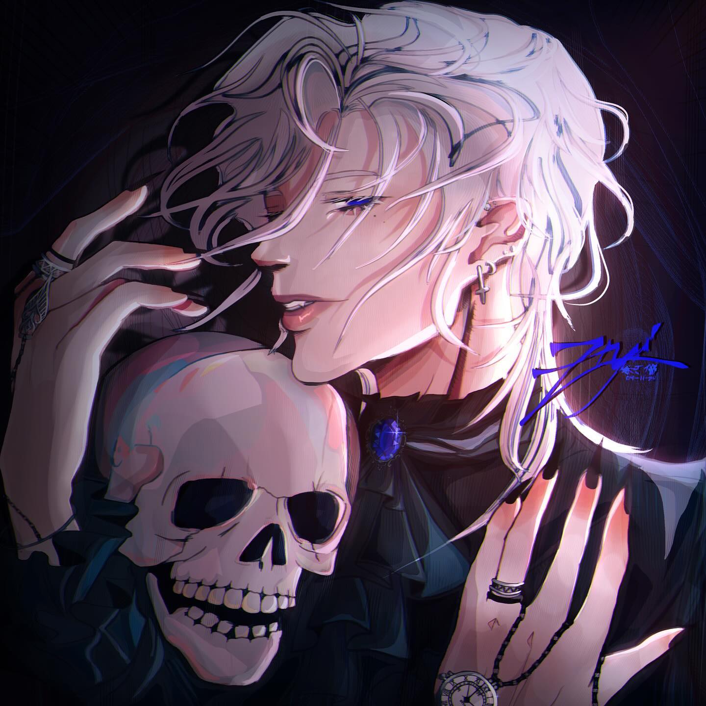 the image is a digital painting or fanart depicting a stylized animestyle male character. he has long, flowing white hair, pale skin, and is dressed in dark, seemingly gothicstyle clothing. he's holding a human skull, and is adorned with various pieces of jewelry, including rings, a necklace with a watch pendant, and a cross earring. the character's expression is somewhat melancholic and mysterious, with intense eyes.  the background is dark and moody, enhancing the overall atmosphere of the piece. the art style is highly detailed, particularly in the rendering of the hair, skin, and skull. the overall aesthetic is elegant yet slightly macabre.