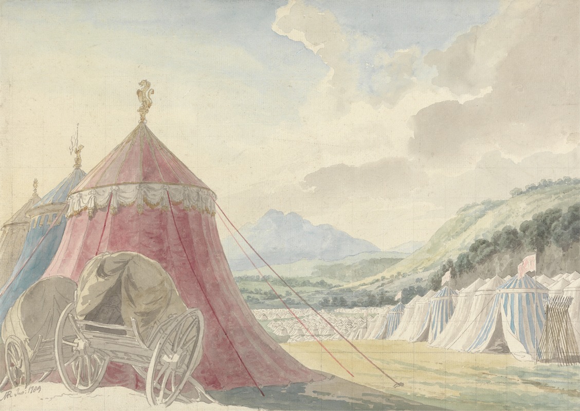 watercolor painting from 1789 showing a military encampment with tents, carriages, mountains, sky and clouds.
