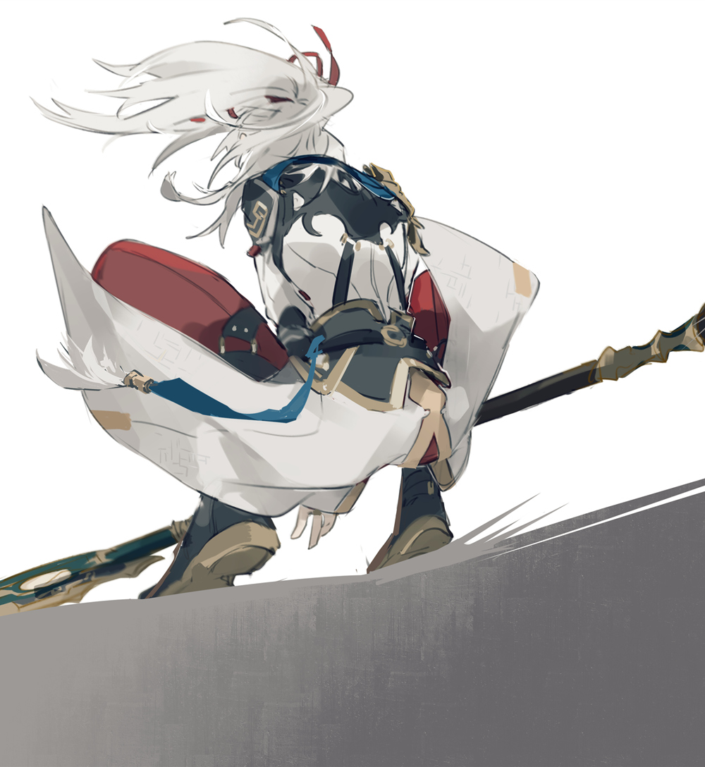 a digital illustration of itto from genshin impact, a male character with white hair and red accents on his clothing. he is shown holding a spear in his right hand, with his left hand outstretched and his body leaning forward. he is wearing a black and white outfit with blue accents. he appears to be in the middle of a movement and is stepping onto a grey surface.