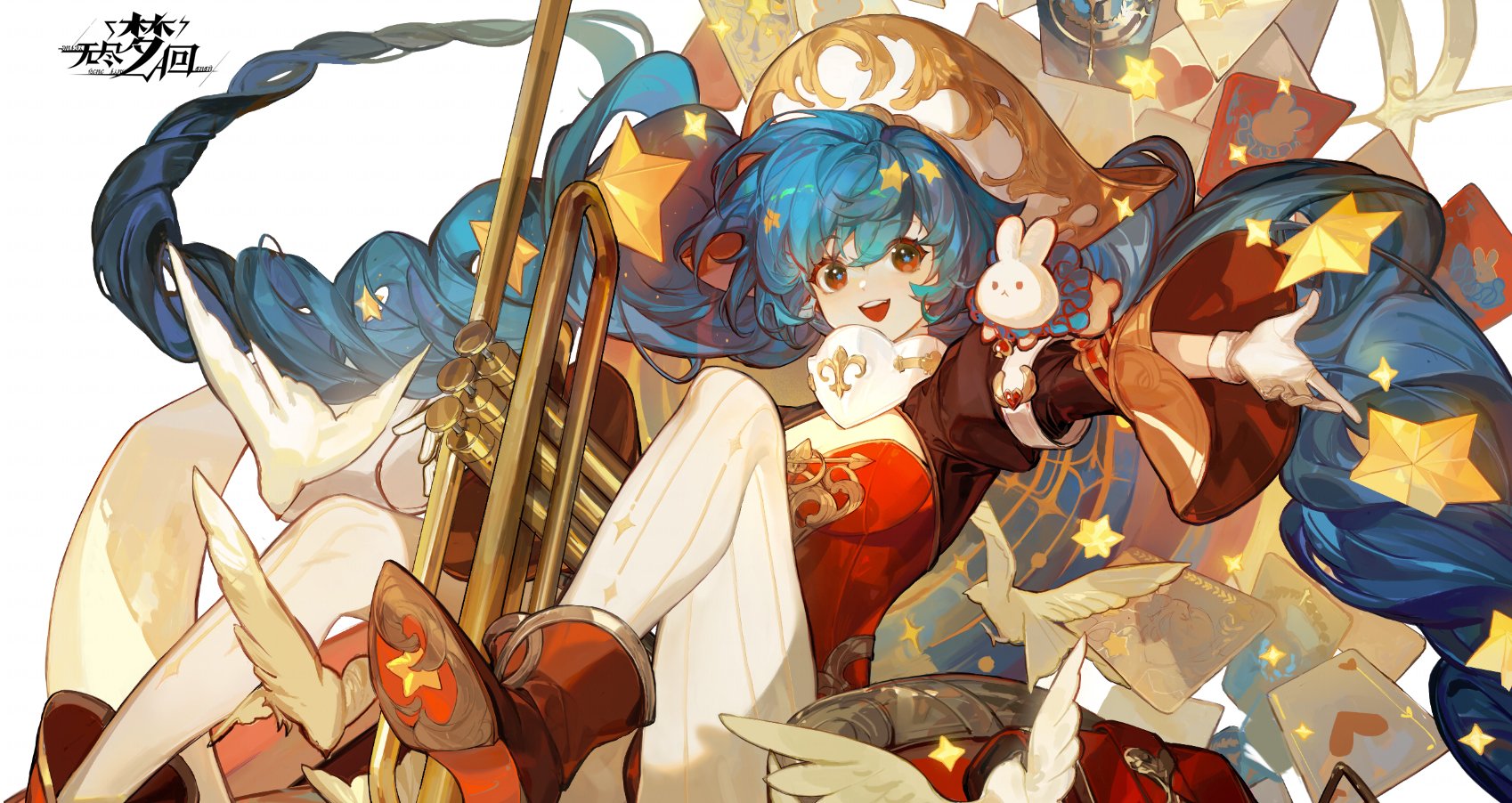 the image features a cheerful anime girl with vibrant blue hair and striking orange eyes, set against a clean white background. she is prominently displayed in the center, taking up a majority of the frame.  she is dressed in an elaborate red and white outfit with gold accents, reminiscent of a fantasy magician or performer. her attire is adorned with stars and includes a distinctive hat with playing card motifs. she holds a golden trumpet in one hand and appears to be in midmotion, surrounded by fluttering white birds and scattered playing cards. the overall effect is whimsical and dynamic, suggestive of magic, music, and celebration.