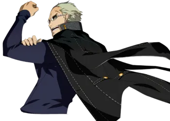 a man with spiky white hair, wearing a long black trenchcoat, blue shirt, and glasses, is shown in a dynamic pose against a black background. the strong lighting emphasizes his profile and the movement of his coat. he appears determined and confident.