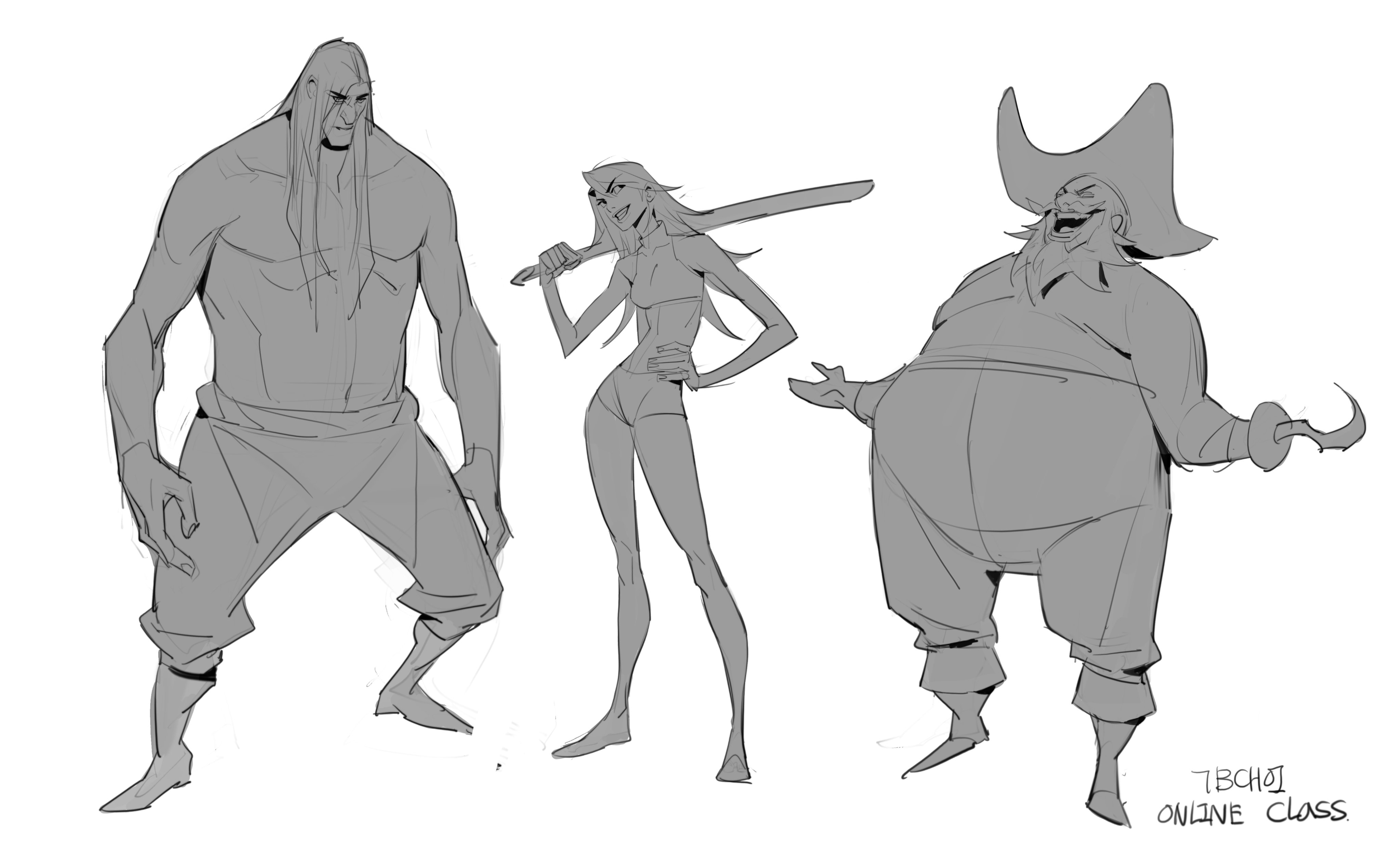 the image contains three grayscale character sketches created in a loose, dynamic style.  the sketches appear to be preliminary design work, likely for a game or animation.  the characters are: a large, muscular, longhaired man wearing simple clothing, possibly a barbarian or warrior type. a strong female character in a swimsuit, wielding a large sword, suggesting a warrior or adventurer. an overweight, joviallooking pirate captain wearing a large hat and holding a hook.the sketches are done with varying levels of detail, focusing more on pose and gesture than intricate details. the artist's signature or class identification ("7bchoi online class") is present at the bottom.  the overall style is expressive and energetic.