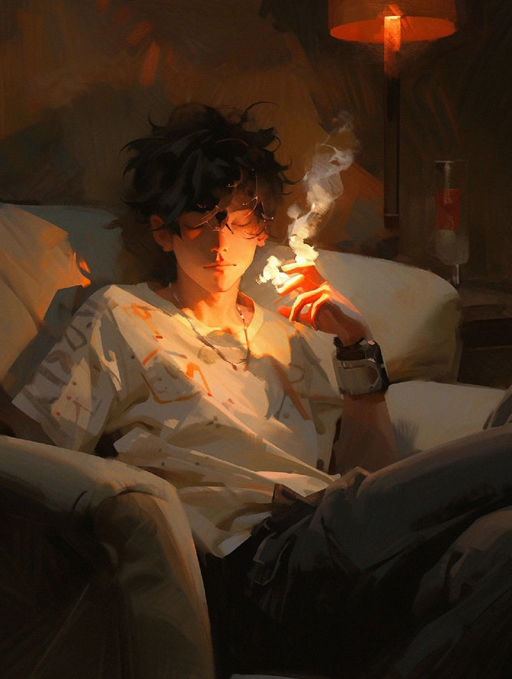 a man in a white tshirt and black pants sits on a couch with a cigarette in his hand and smoke curling around his head. he's looking down with his eyes closed, looking relaxed and contemplative.  the room is lit by a single lamp casting a warm glow on him. the image suggests a moment of quiet reflection and relaxation.