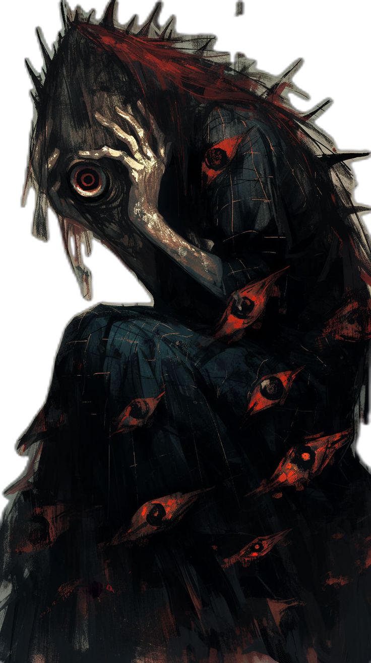 a digital illustration of a dark, shadowy female figure with a creepy expression, numerous eyes, and long red hair. the figure is in a dark, mysterious pose, with a sense of foreboding and horror. the image is evocative and unsettling, suggesting a dark and dangerous world.