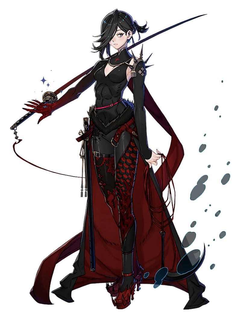 a female character stands confidently against a plain white background. she is dressed in a striking black and red outfit that blends elements of armor and flowing fabric. her long, dark hair is partially pulled back, highlighting her determined expression. a katana, held loosely in her right hand, emphasizes her warrior status, while intricate details, such as the red dragon scale pattern on her leggings, add a touch of mystique to her persona. the overall composition and color palette create a striking and memorable image.