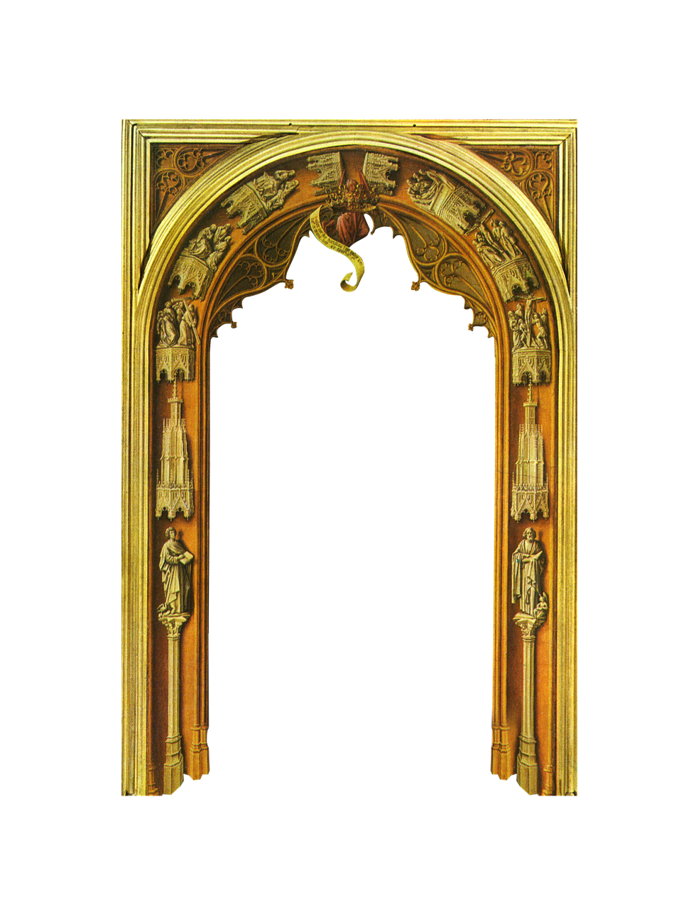 the image shows an ornate, vintage archway with a golden frame, rendered in a gothic or medieval style. the archway is richly decorated with carvings, including figures and architectural details. the top of the arch has a rounded shape with elaborate designs. two columns with statues on top of them flank each side, and the entire structure is set against a solid black background. the artwork has an illustrated quality and appears to be a vintage or historical depiction.