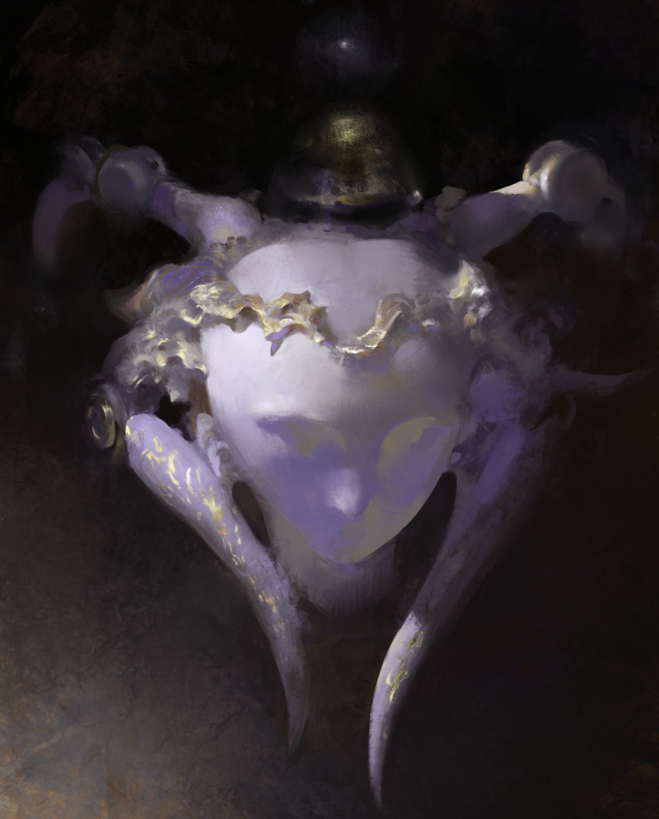 a digital painting of a creature with large purple horns and a goldtrimmed, humanoid head, which is lit with soft, diffused light in the center of the painting. the creature is set against a dark, textured background and has a mysterious and creepy appearance. the painting has a surreal and abstract quality and is full of detail and texture.