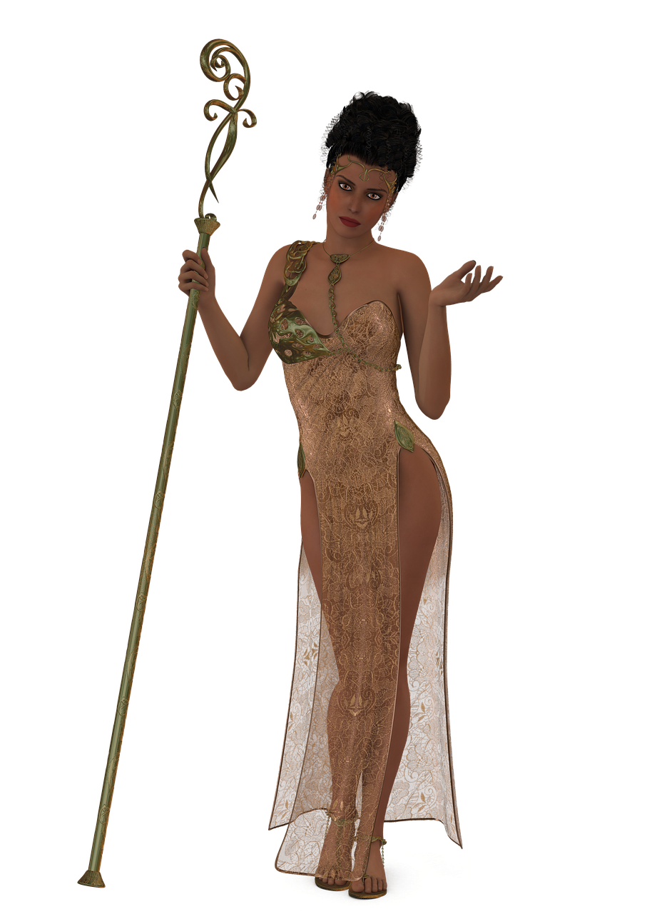 a digital art image shows a woman dressed in a golden gown with slits on each side. she wears golden sandals and an elaborate golden headdress, as well as dangling golden earrings and a necklace. she holds a golden staff in her left hand, which is adorned with decorative curls. her right hand is outstretched in a gesture of presentation. she stands against a black background.