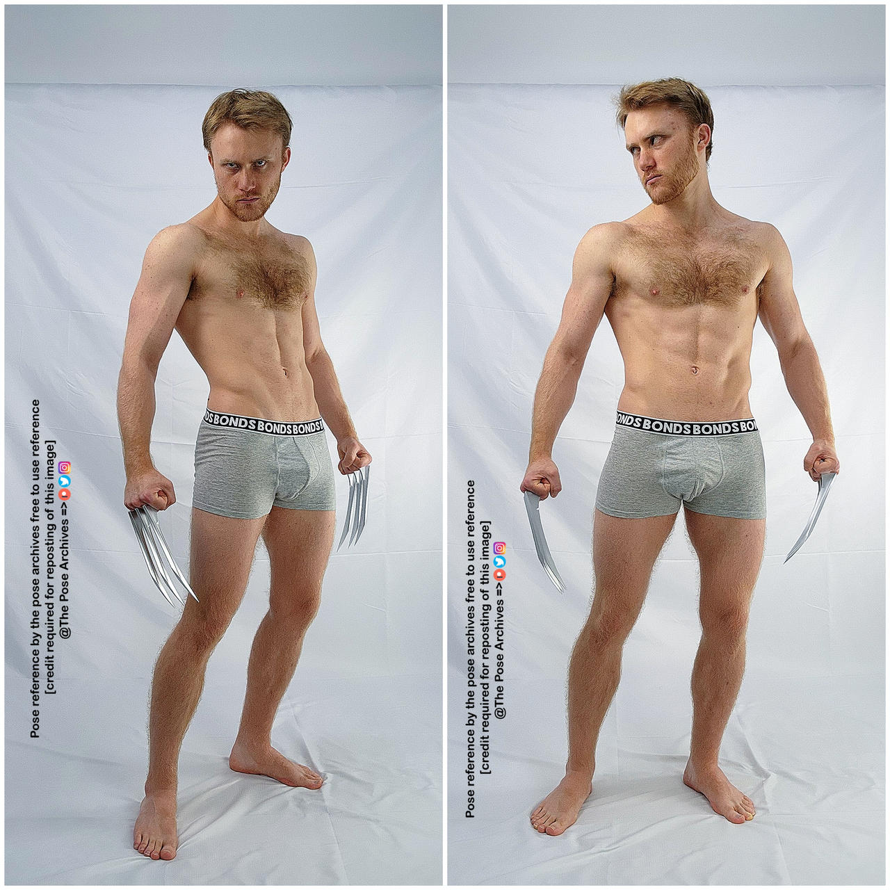 a young adult male with a muscular build stands against a white background in gray underwear. he is in a similar pose in both images, facing the camera with his feet slightly apart, holding large silver claws in each hand. his expression is serious and determined. the images appear to be for artist reference, specifically for posing and anatomy.