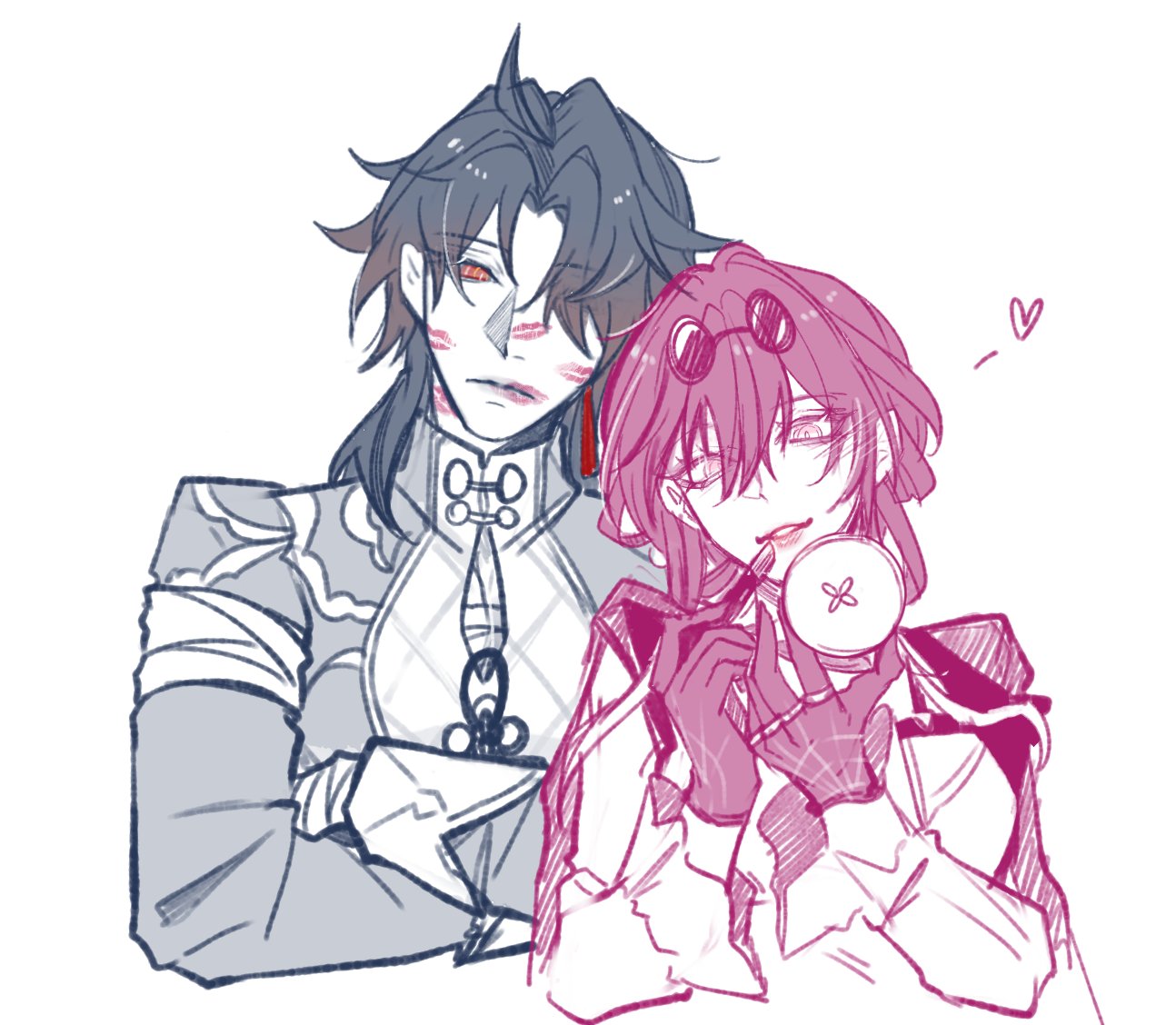 this is a digital drawing of a cute anime couple. they are both smiling, and the female is holding a small, round object that is a bit blurred out. she is blushing, and the male character has a bandaidlike mark on his cheek. they both appear to be wearing stylish outfits. the background is plain white.